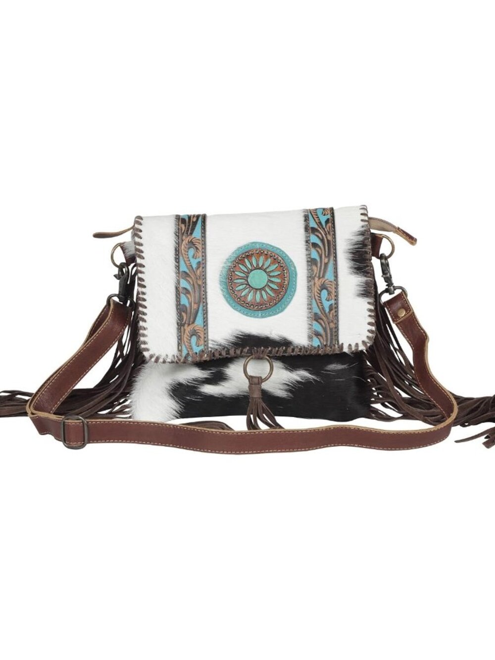 Western Style Purse - Fringe Purses for Women with Real Cowhide and Blue Accents